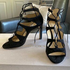 Jimmy Choo Blake 100 Suede Lace Up Cage Heels Black Size 37.5 Gladiator New